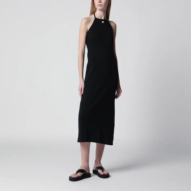 Long Halterneck Jersey Dress In Cotton, Black - Courrèges