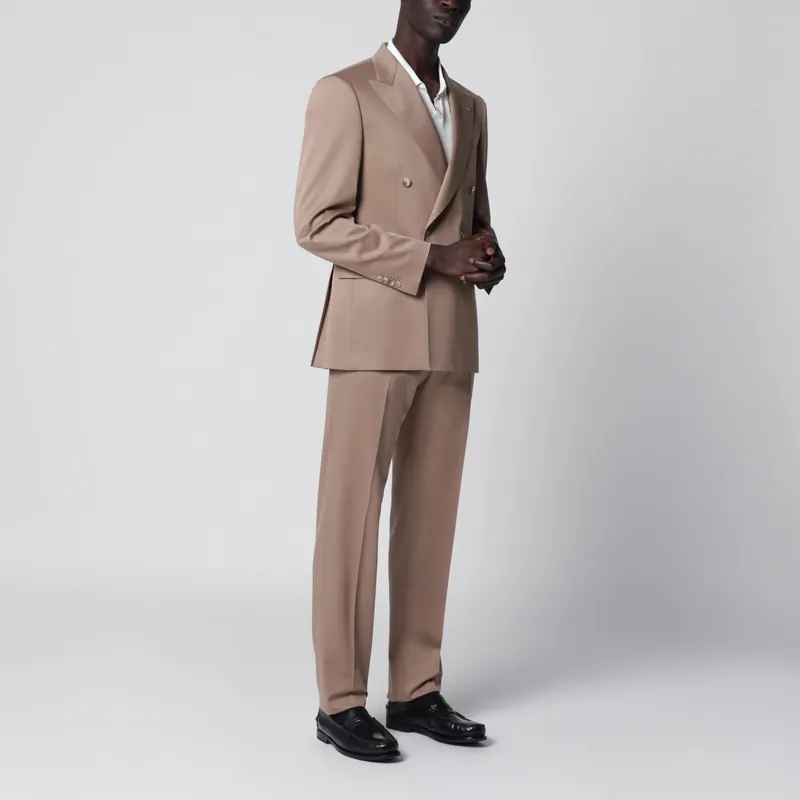 Beige Double-Breasted Wool-Blend Suit