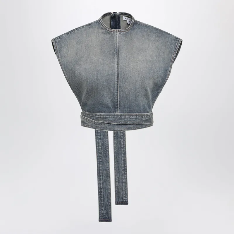 Raw Délavé Denim Belted Sleeveless Top In Blue - Alaïa