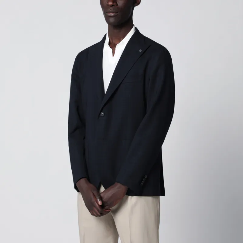 Single-Breasted Blue Textured Wool Jacket