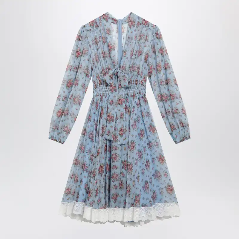 Floral Bouquet-Print Chiffon Dress In Light Blue