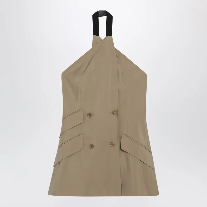 Sleeveless Jacket In Sand-Colored Wool And Silk Poplin