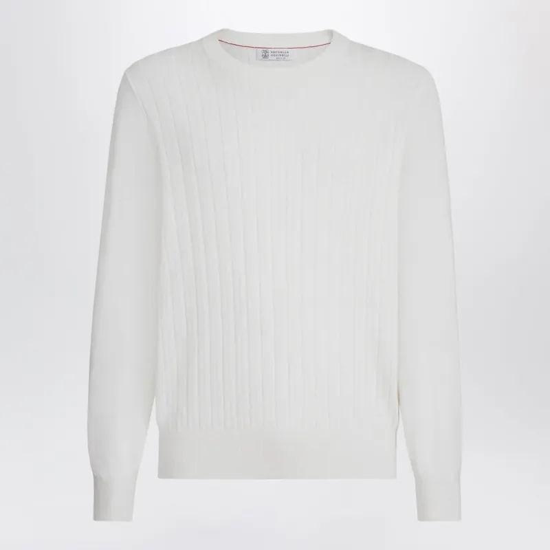 White Ribbed Cotton Sweater - Brunello Cucinelli
