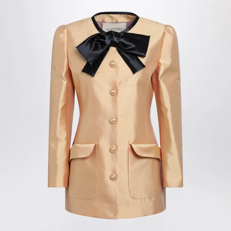 Pea Coat In Shantung In Melon/Black - Valentino Garavani