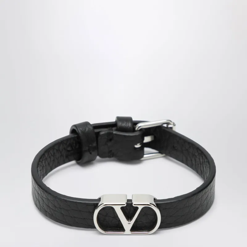 V Logo Signature Bracelet In Grained Calfskin Leather, Black - Valentino Garavani