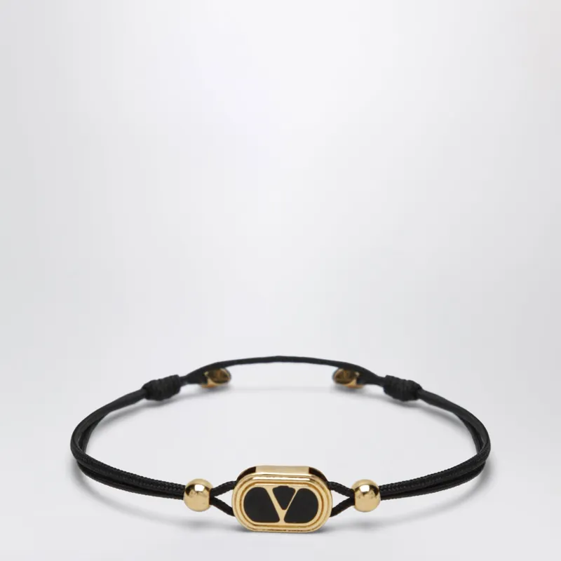 Black Cord Bracelet With Enamelled Gold V Logo - Valentino Garavani