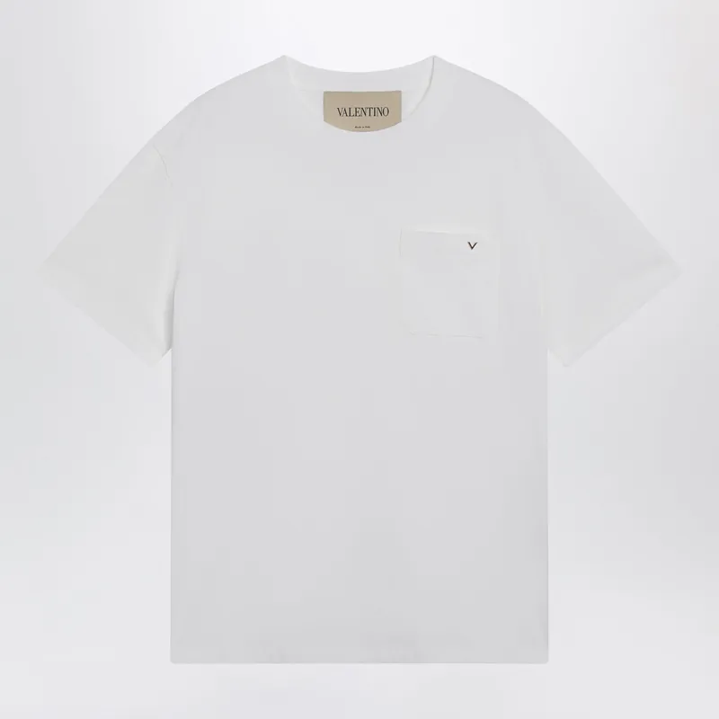 White Cotton T-Shirt With V Gold