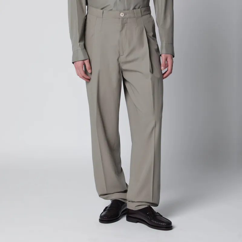 Twill Cotton Trousers With Pleats In Khaki - Brunello Cucinelli