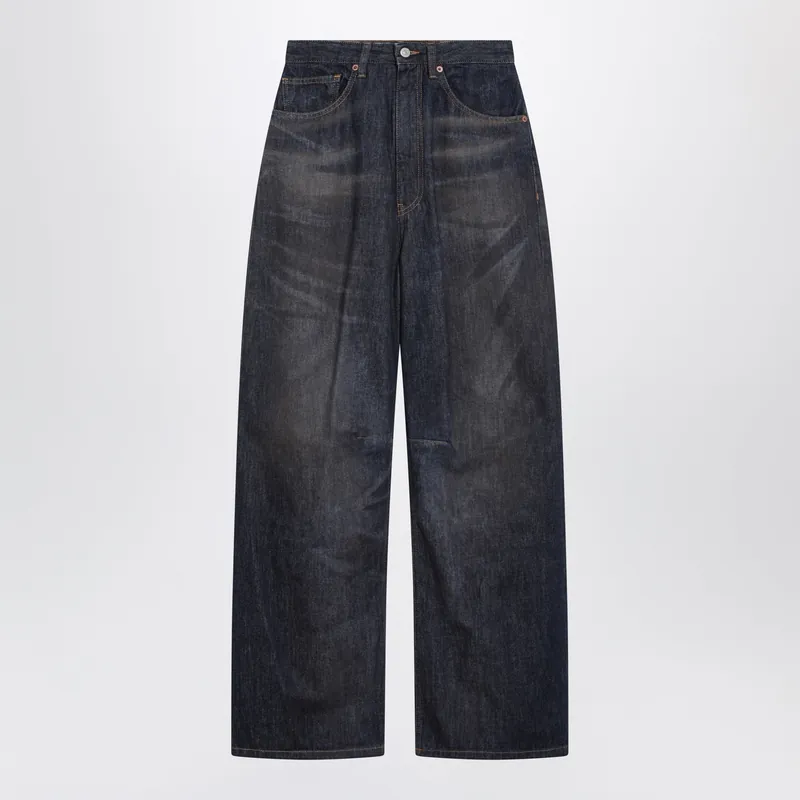 Dark Blue Wide-Leg Jeans With Worn Effect