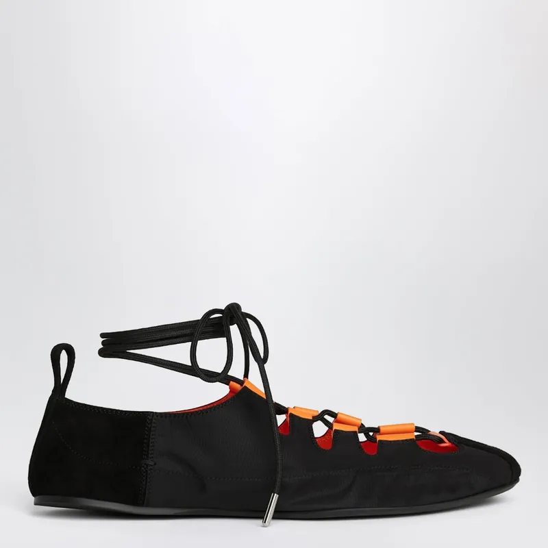 Foldable Lace-Up Ballet Flats In Nylon And Black Suede