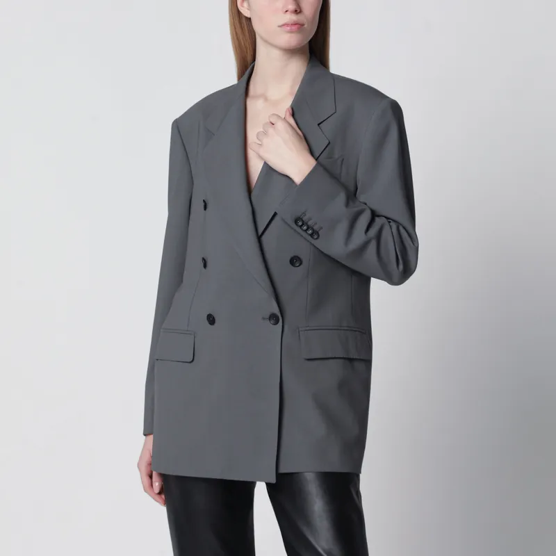 Double-Breasted Blazer In Grey Wool And Silk Blend