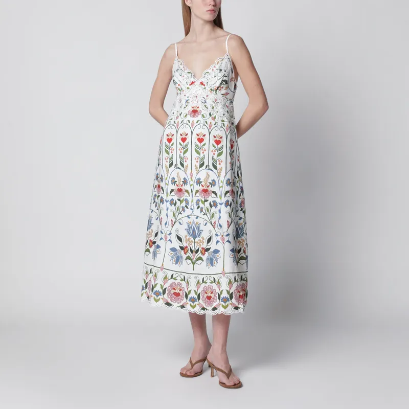 White Midi Dress In Linen With Garden Motif - Farm Rio