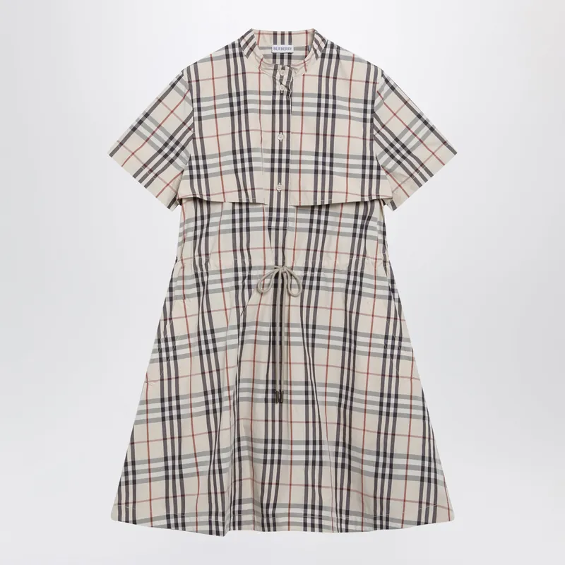 Beige Check Short-Sleeve Cotton Dress