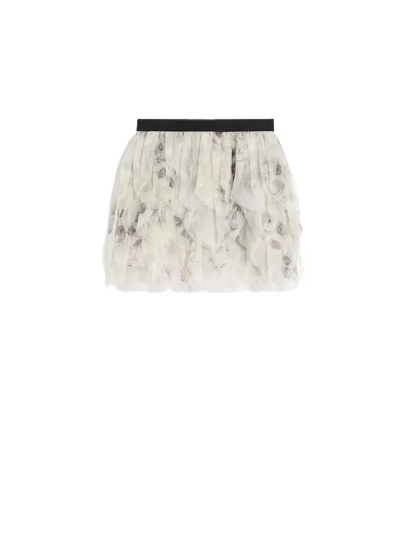 Short Skirt With Printed Organza Petals - Pearl Gray