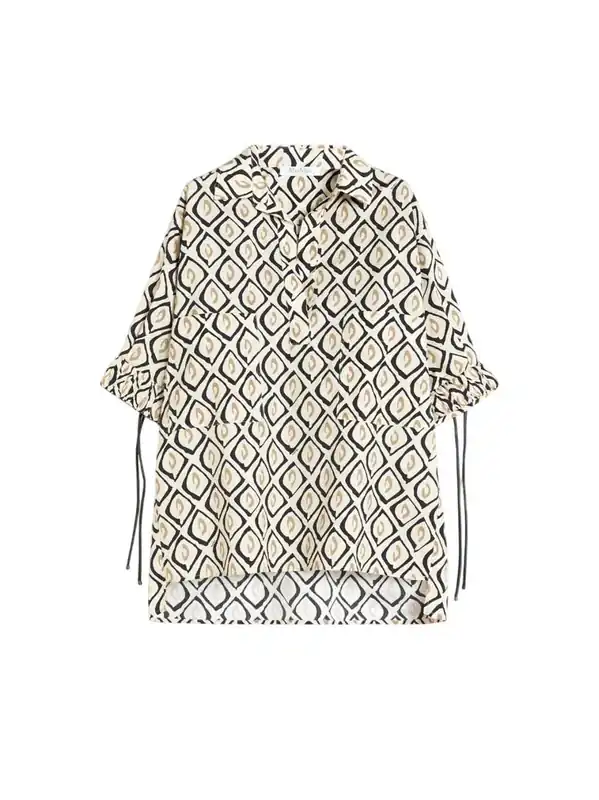 Oversized Printed Poplin Shirt - Beige