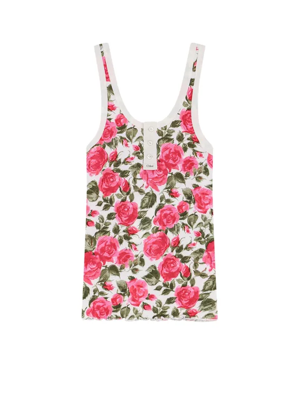 Cotton Henley Tank Top With All-Over Floral Pattern