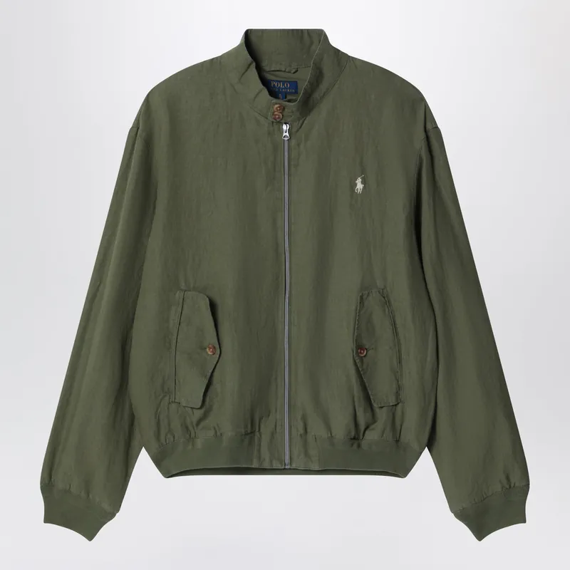 Dark Green Linen Zip-Up Jacket