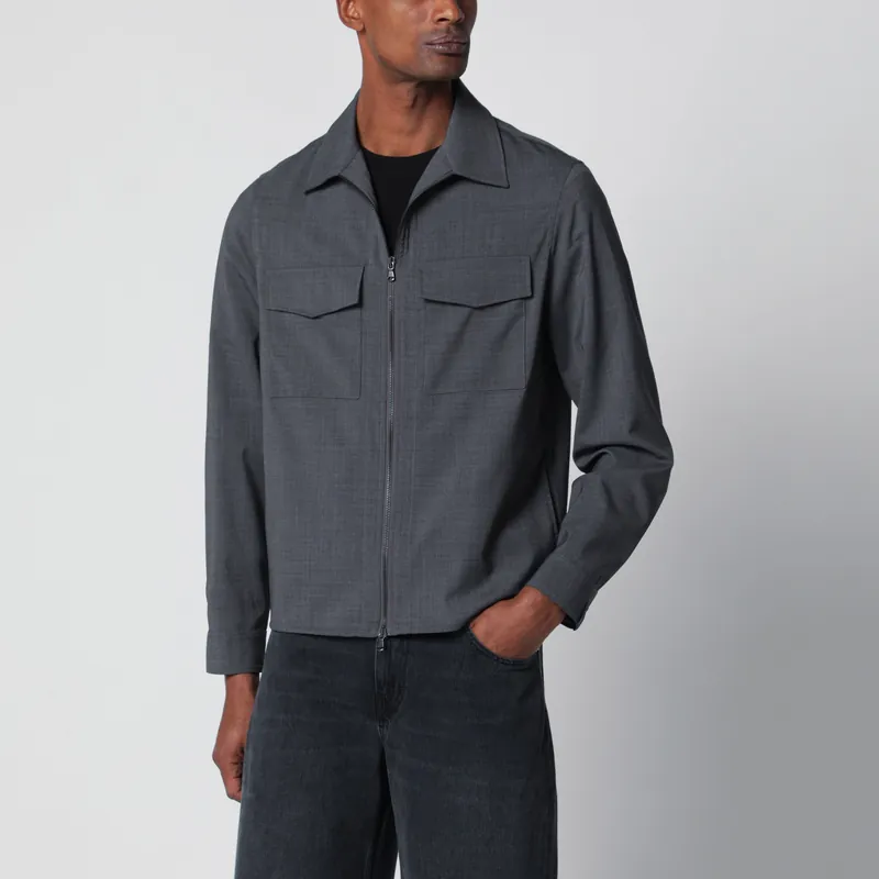 Grey Wool-Blend Zip-Up Jacket
