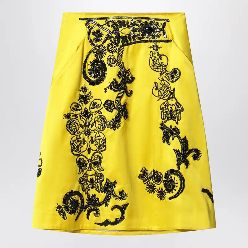 Yellow Skirt With Black Sequin Embroidery - Dries Van Noten