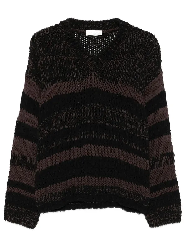 Chunky-Knit V-Neck Striped Sweater