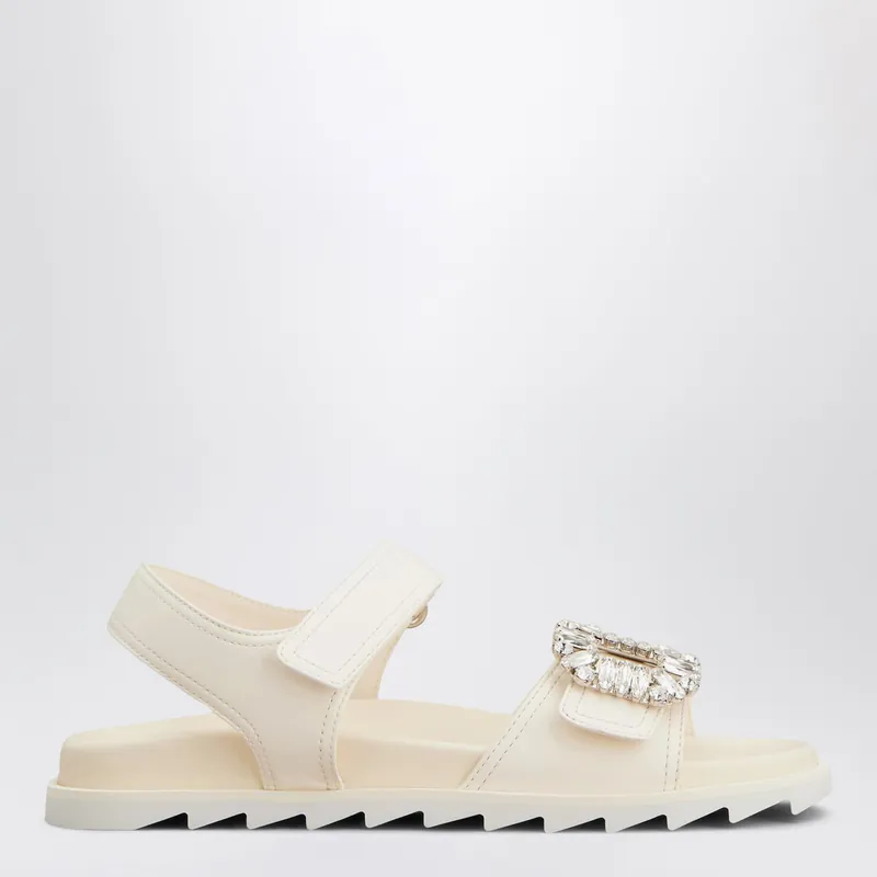 Ivory Leather Sandals With Crystal Buckle - Roger Vivier