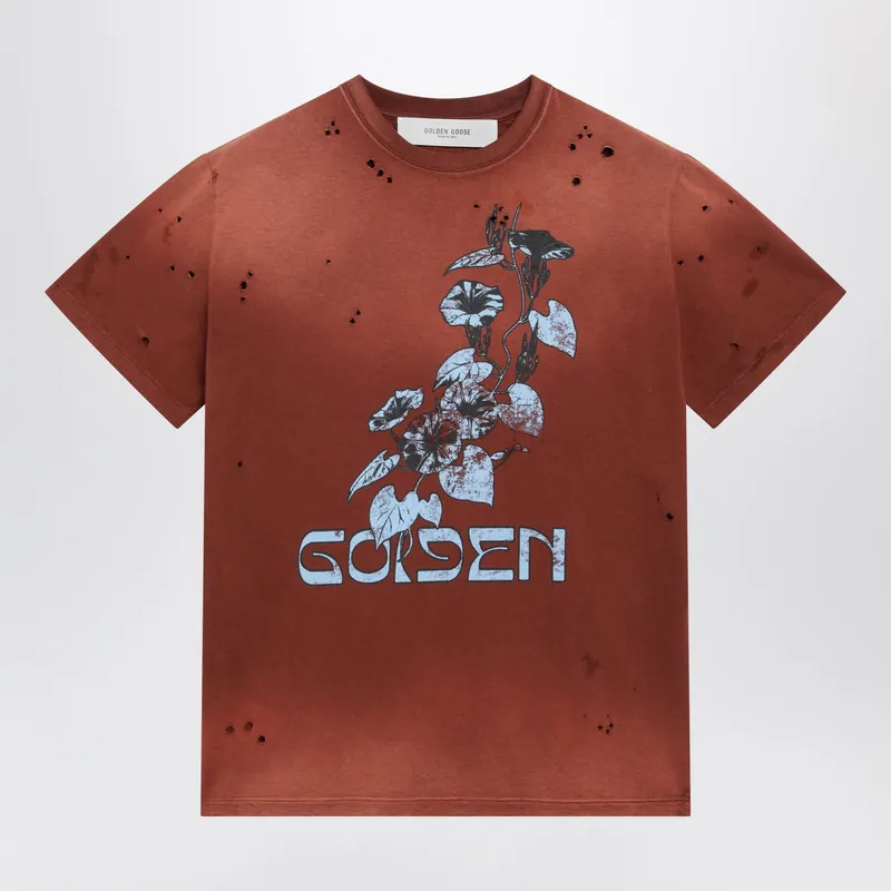 Rust-Colored Cotton T-Shirt With Floral Print