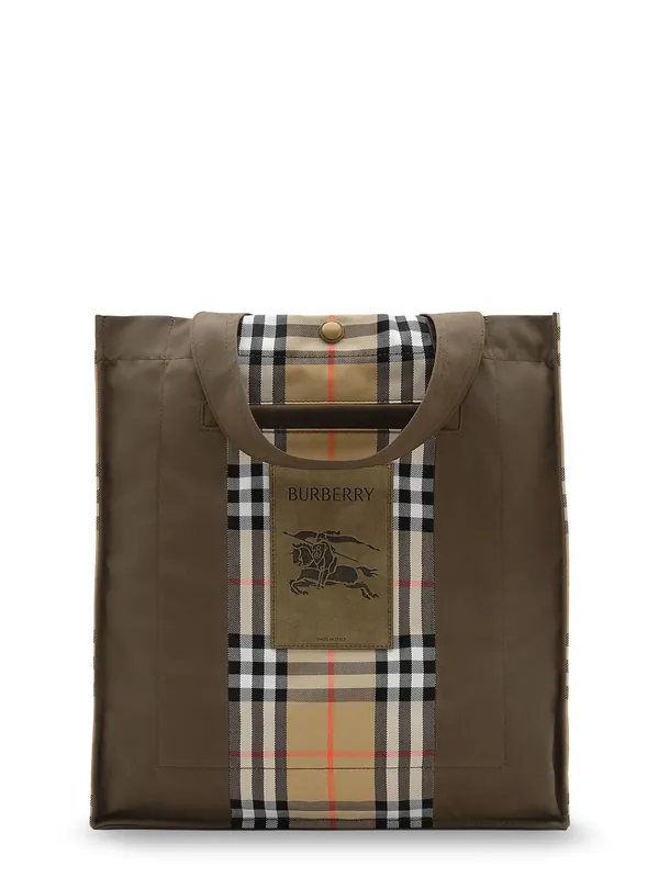 Tote Trench Check Canvas Shoulder Bag With Suede Logo Label On The Front - Burberry