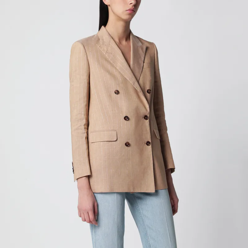 Beige Double-Breasted Pinstripe Linen-Blend Jacket