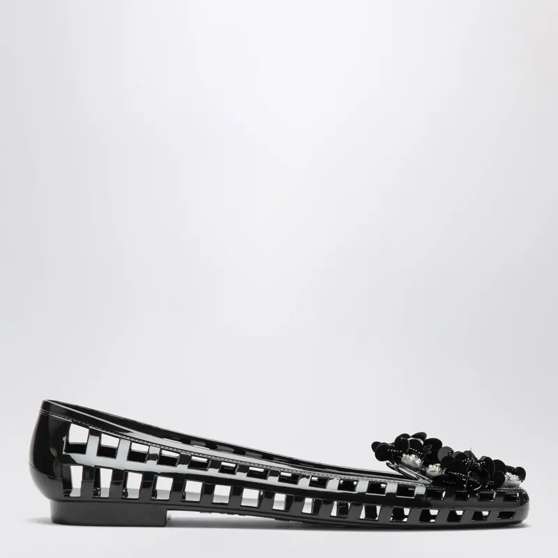 Black Bloomi Ballet Flats In Pvc With Beaded Flowers - Heavenly Jelly
