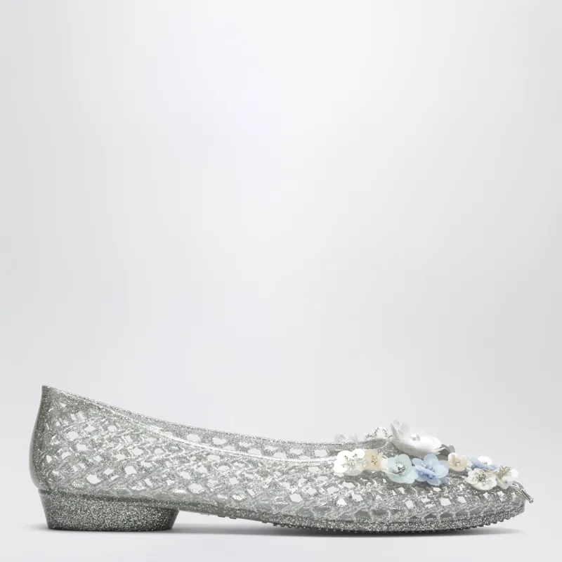 Silver Hibiscus Ballet Flats In Pvc With Beaded Flowers - Heavenly Jelly