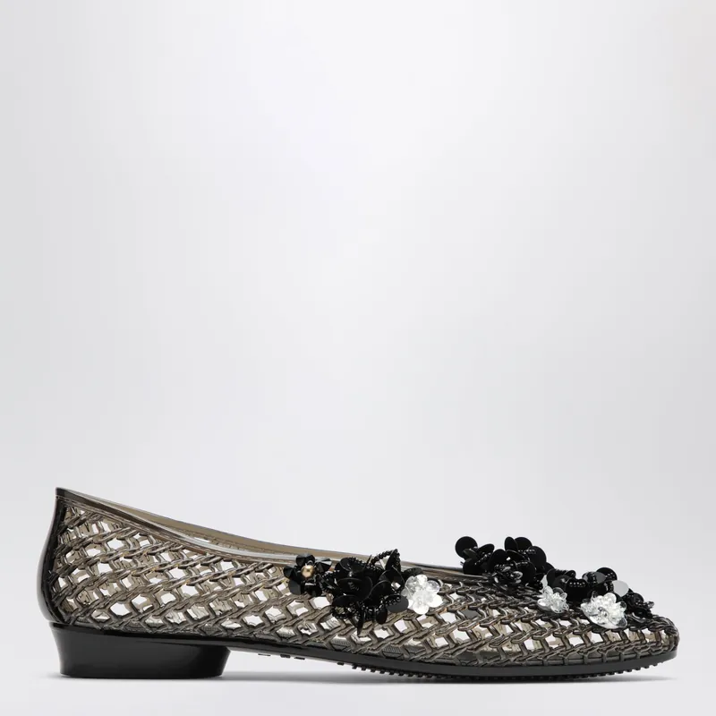 Black Lily Ballet Flats In Pvc With Beaded Flowers - Heavenly Jelly