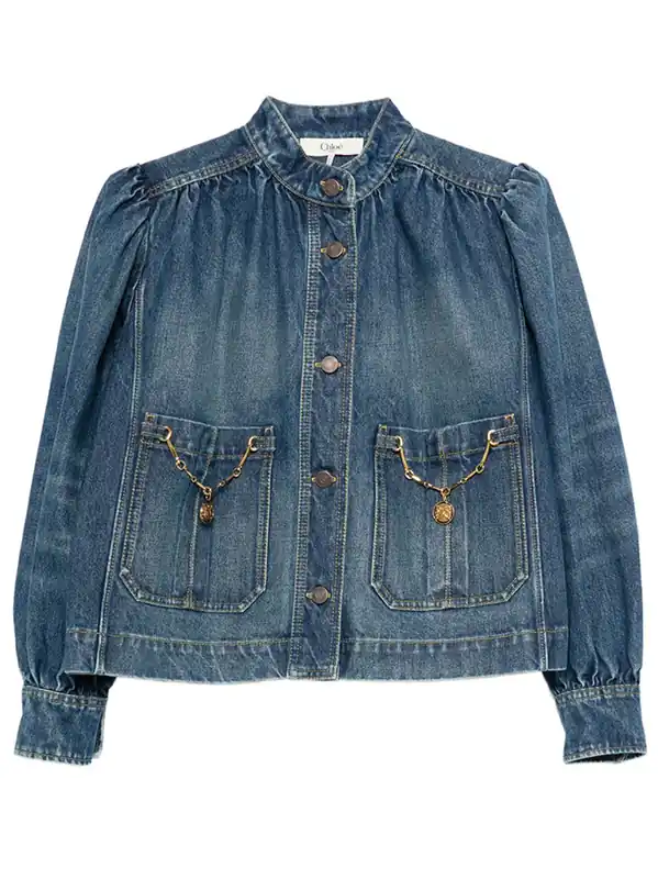 High-Neck Gathered Denim Jacket