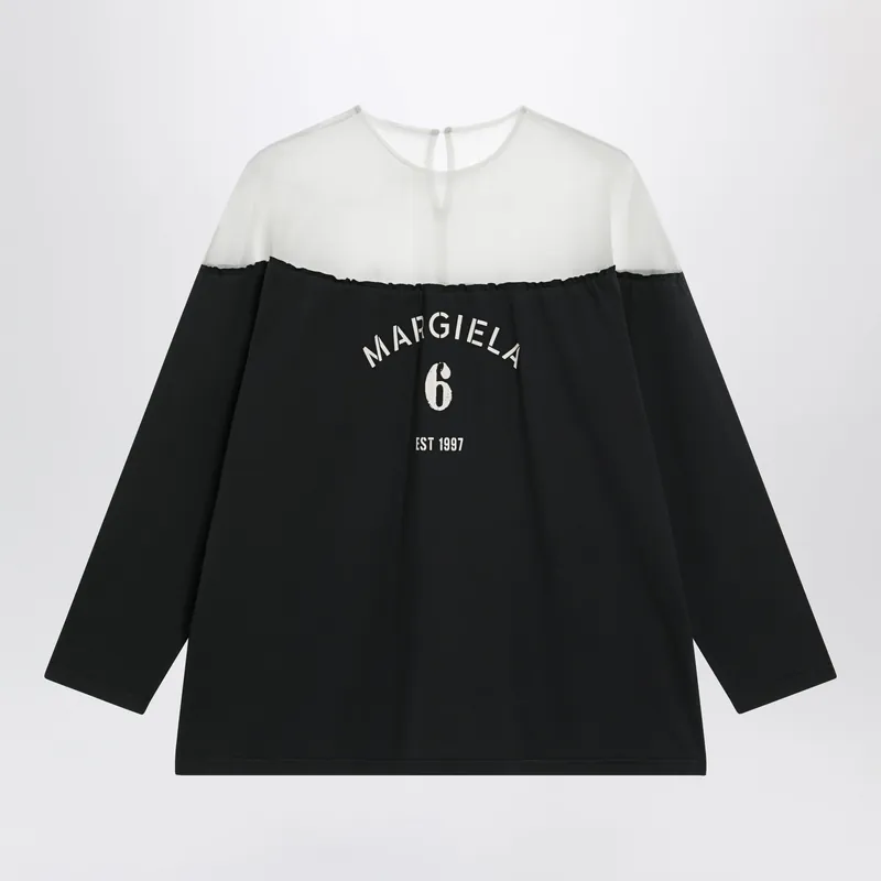 Black Top With Logo Print And Sheer Insert - MM6 Maison Margiela