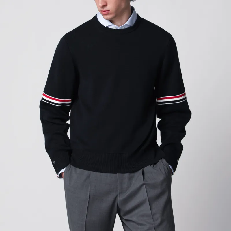 Navy Blue Cotton Sweater With Tricolor Details - Thom Browne