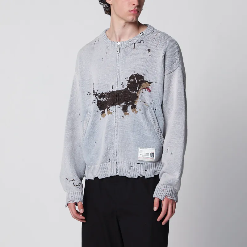 Jacquard Cardigan With Dachshund In Distressed Cotton Blend - Maison Mihara Yasuhiro