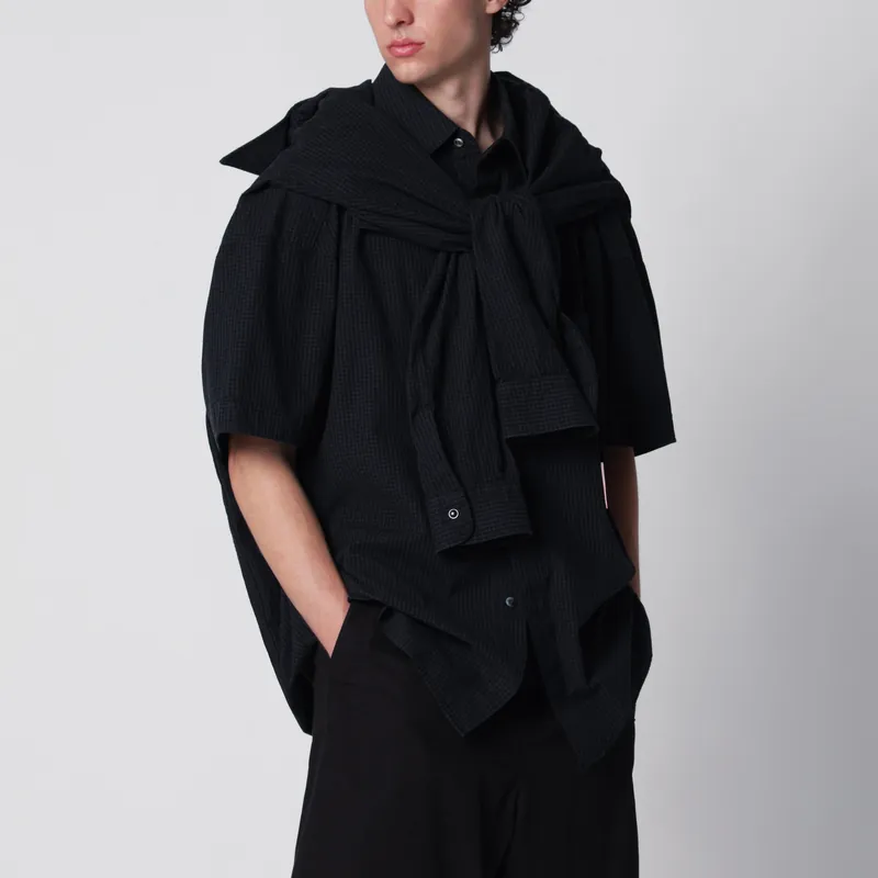 Navy Blue Checked Shirt With Double Sleeves - Maison Mihara Yasuhiro