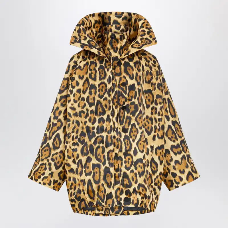 Layered Ocelot-Print Twill Coat, Noir Caramel