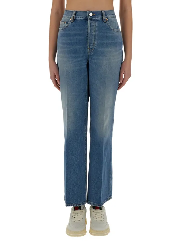Denim Pants With Logo Label - Gucci