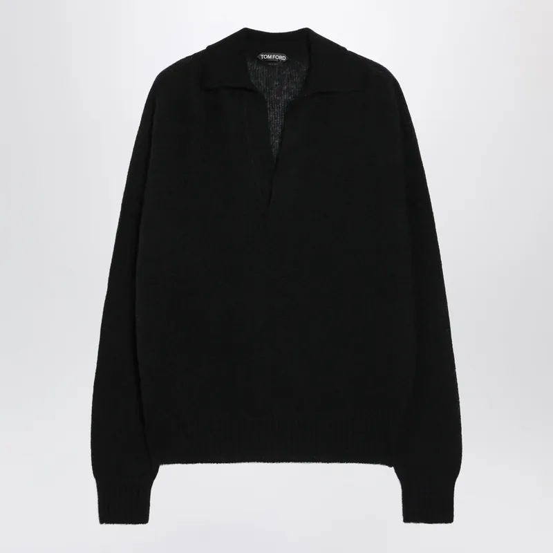 Long-Sleeve V-Neck Cashmere And Silk Polo In Black