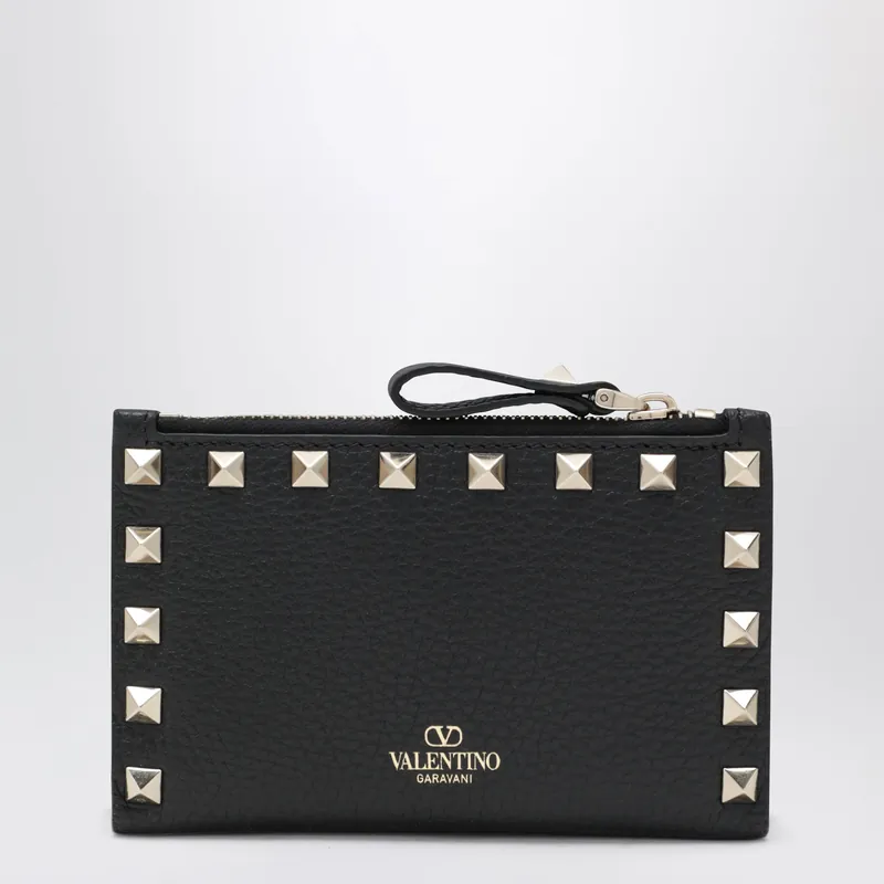 Black Leather Rockstud Zip Card Holder - Valentino Garavani