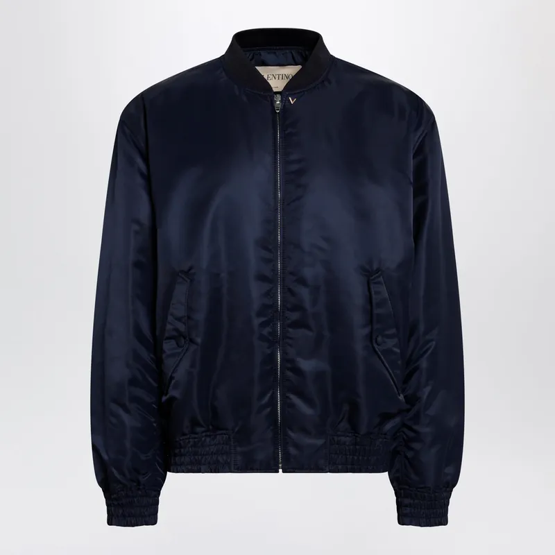 Shiny Navy Blue Zip-Up Bomber Jacket With Vlogo