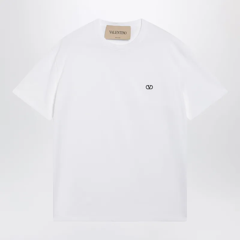 White Cotton T-Shirt With V Logo Embroidery