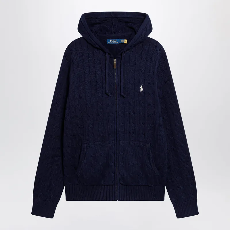 Navy Blue Cotton Cable-Knit Zip-Up Cardigan