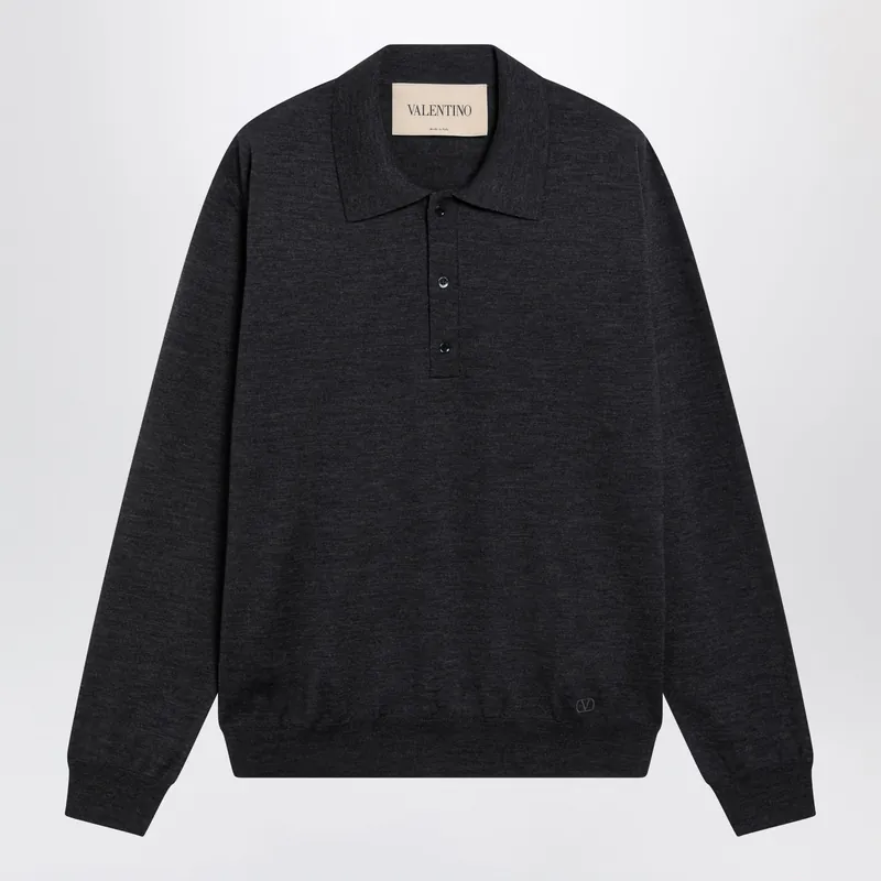Wool Polo Shirt With V Logo Embroidery In Anthracite - Valentino Garavani