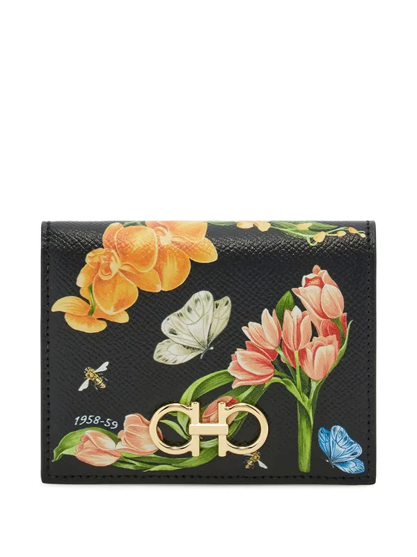 Floral Print Gancini Compact Wallet - Ferragamo