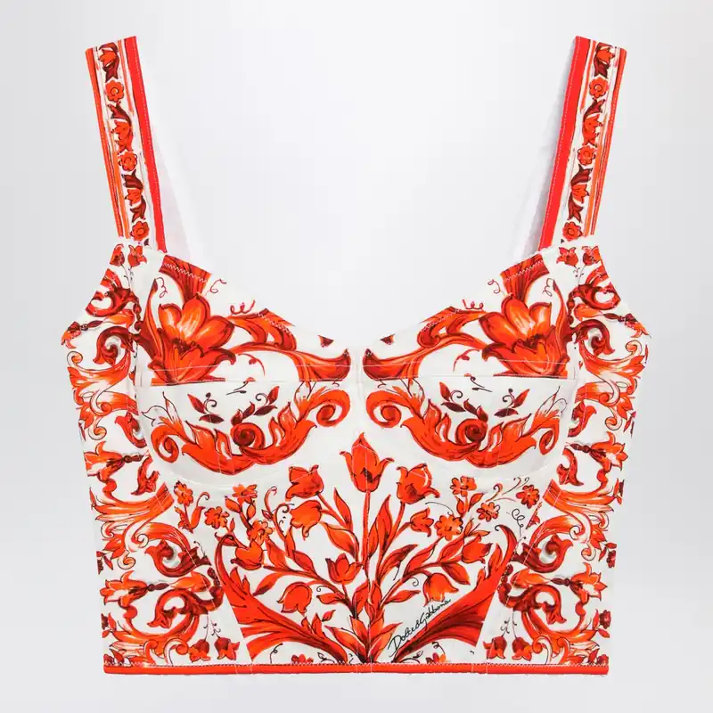 Maiolica-Print Charmeuse Bustier Top In Orange