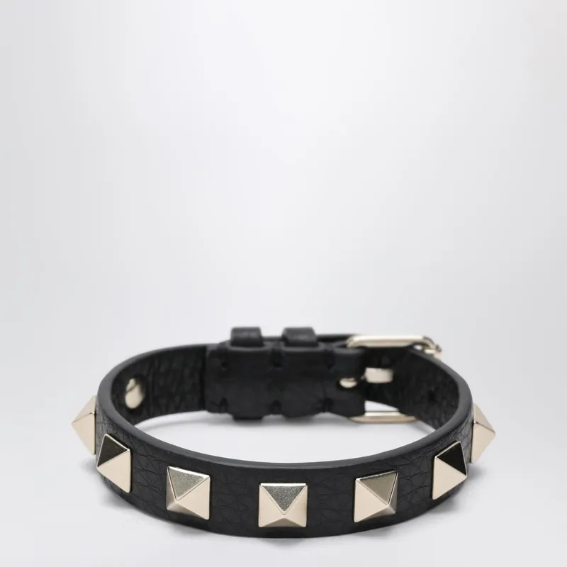 Black Leather Rockstud Bracelet With Gold-Tone Studs