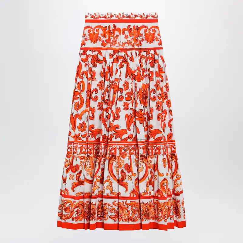 Long Maiolica-Print Cotton Poplin Skirt In Orange
