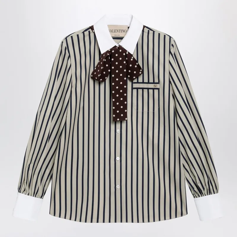 Striped Cotton Shirt With Scarf In Beige And Blue - Valentino Garavani