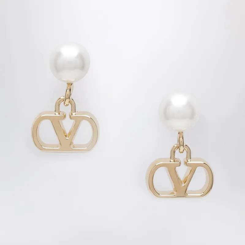 Gold-Tone V Logo Signature Earrings With Pearl